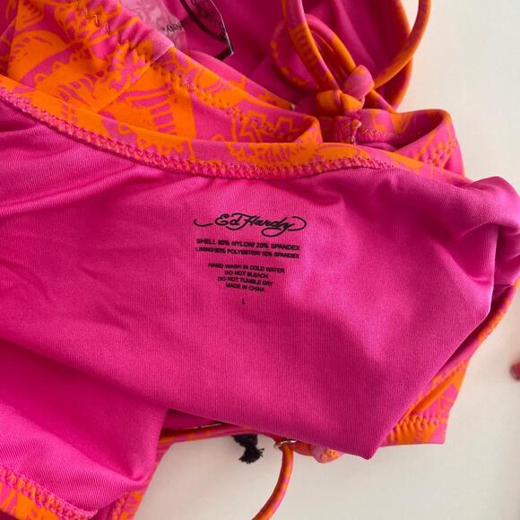 Ed Hardy‎ High Cut One Piece Swimsuit "Lady" Print Orange Pink Tie Size Large - Picture 4 of 10